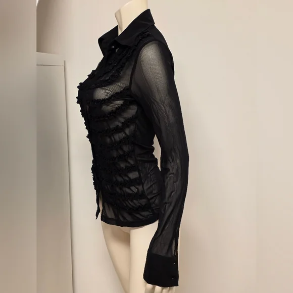 TAGLIA42 Black Sheer Ruffle-Trim Button-Up Blouse - Picture 3 of 8